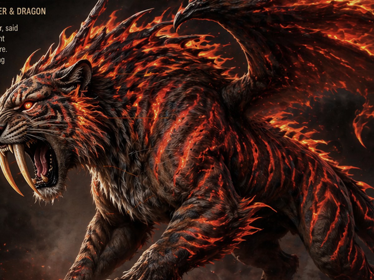 Archival depiction of a Pyranor, a great feline creature marked by flame